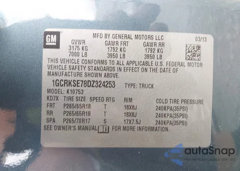 2013 Chevrolet Silverado 1500 Lt из США, поврежденный, VIN 1GCRKSE78DZ324253